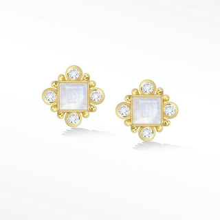 Square Moonstone & Natural Diamond 18k Yellow Gold Stud Earrings - Nina Wynn